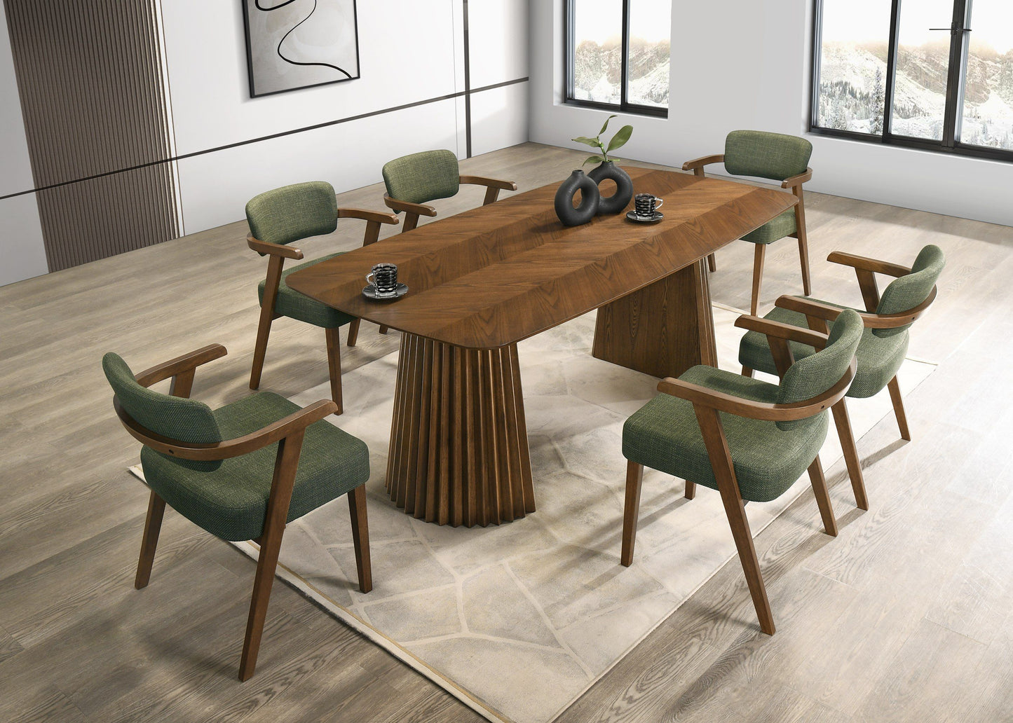 Modrest Sacks Mid-Century Modern Dining Set – Green Fabric Chairs & Herringbone Walnut Table
