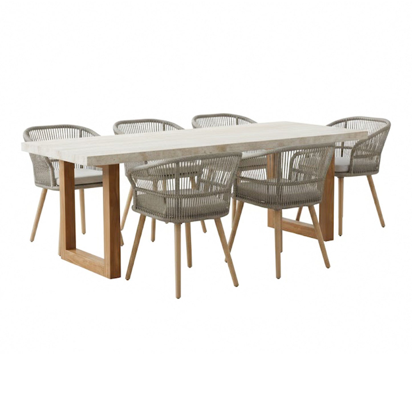 Cascais Outdoor Grey Faux Travertine and Eucalyptus Dining Table Set