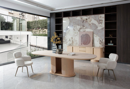 Walbrook Modern Faux Travertine Ceramic White Oak Oval Dining Table