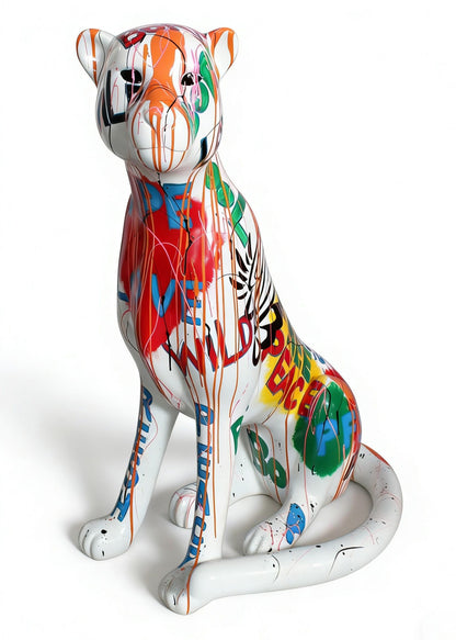 Large Graffiti Leopard White and Multi‑Color Sculpture