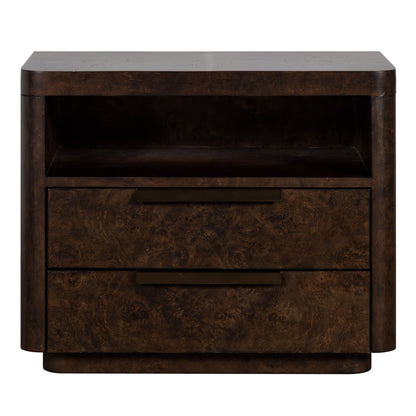 Perez Modern Dark Poplar Burl 2-Drawer Nightstand with Open Shelf