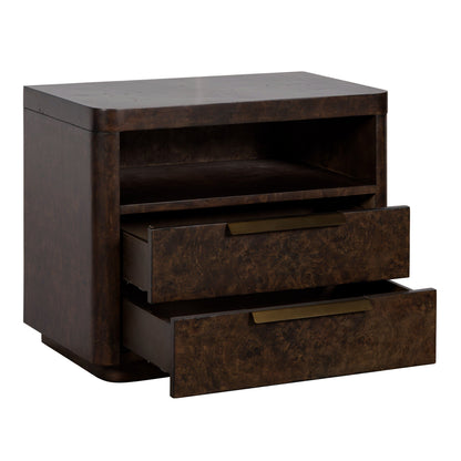 Perez Modern Dark Poplar Burl 2-Drawer Nightstand with Open Shelf