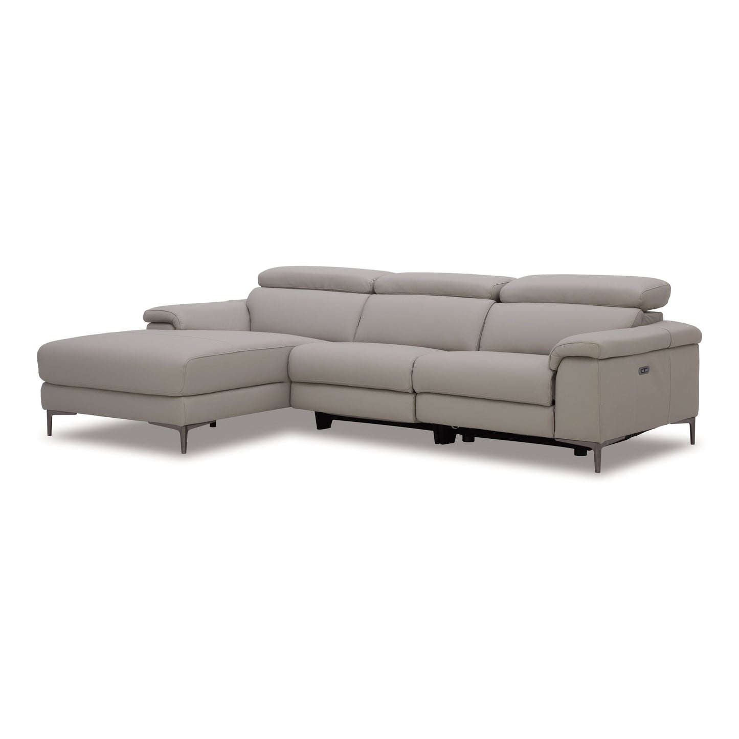 Meidas Light Grey Leather Sectional Sofa with Recliners and Left‑Facing Chaise