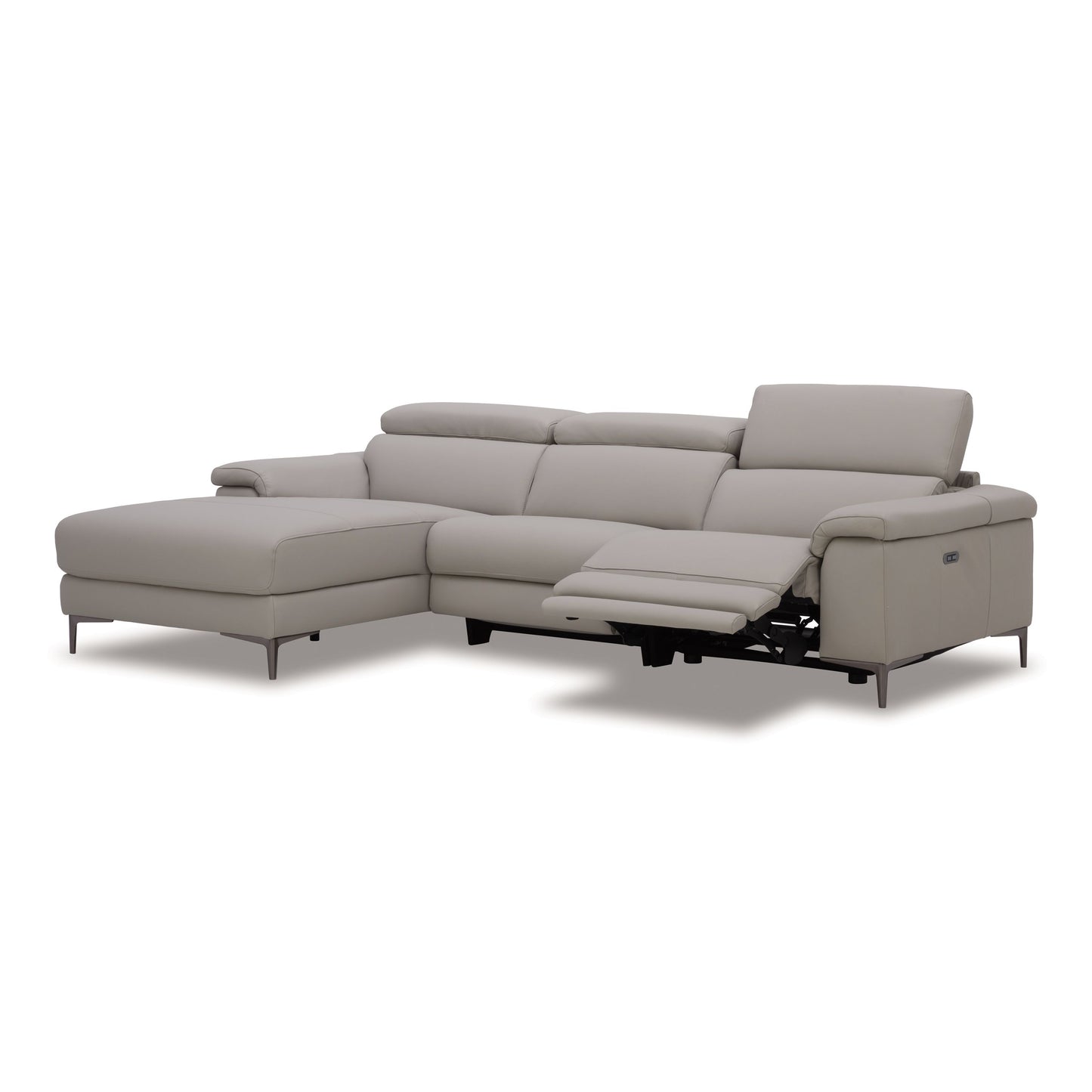 Meidas Light Grey Leather Sectional Sofa with Recliners and Left‑Facing Chaise