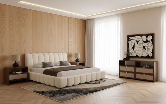 Harris Emilio Modern Off White Fabric Burlap Walnut 4 Piece Bedroom Set