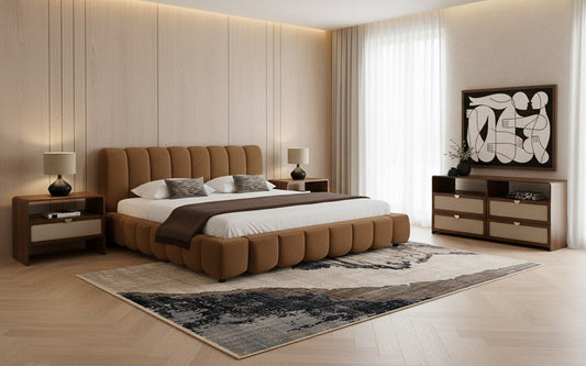 Harris Emilio Modern Brown Fabric Burlap Walnut 4 Piece Bedroom Set