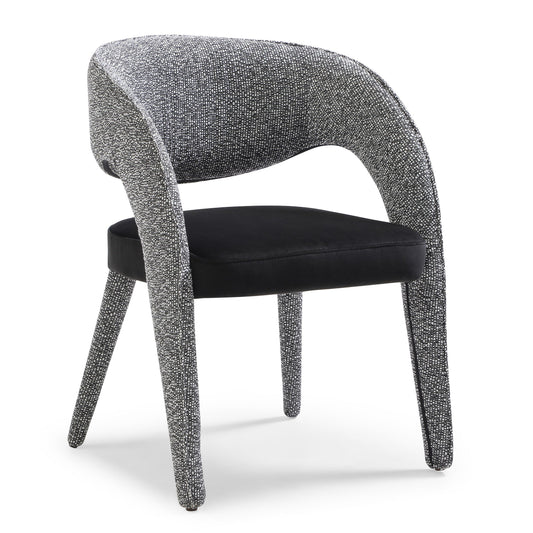 Delvin Black Velvet and Black White Woven Fabric Dining Chair