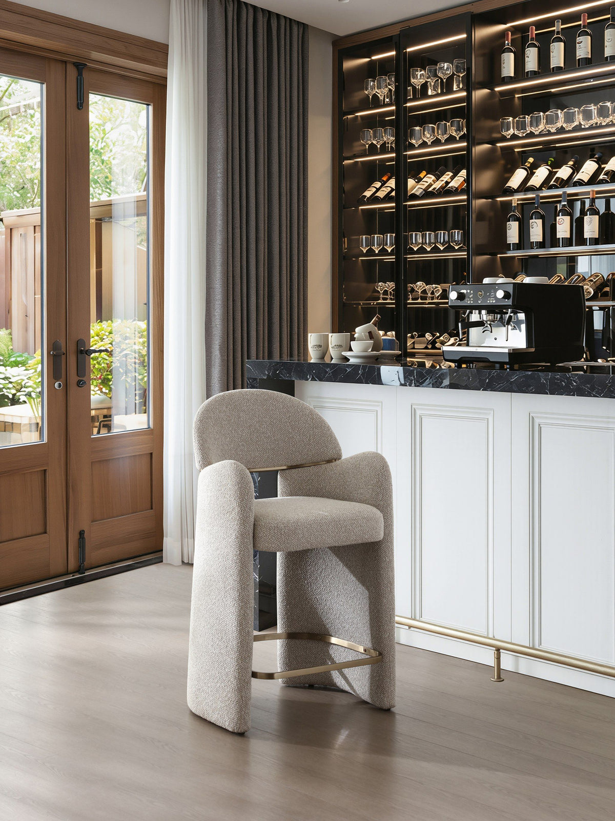 Nouveau Ashley Counter Chair Beige Linen Brushed Brass