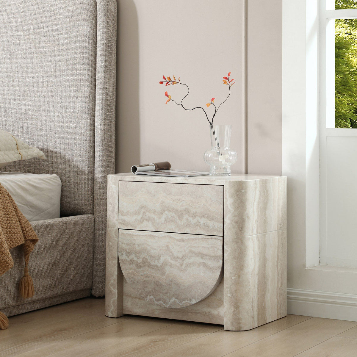 Yasmine Modern Faux Travertine 2-Drawer Nightstand