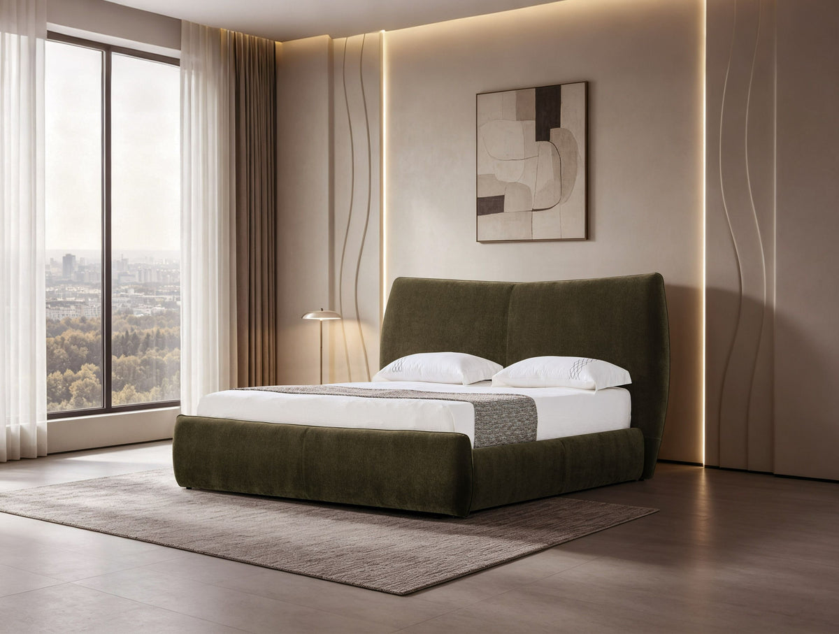 Jenkins Modern Dark Olive Green Fully Upholstered Platform Bed