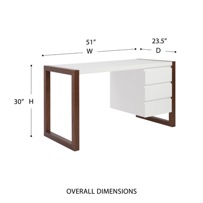 Manon Desk in Matte White with Dark Walnut Finish - Three Drawers