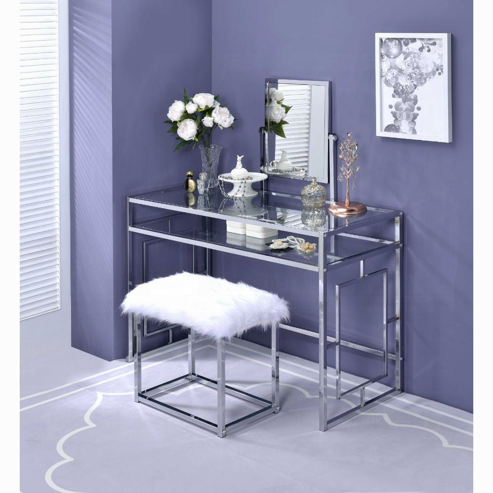 Carenze II White Faux Fur & Chrome Finish Vanity Set