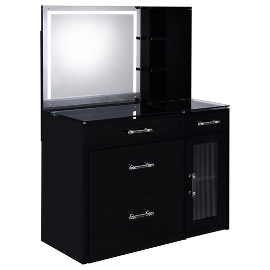 Flora 2-Drawer Vanity Set with LED Mirror in Black High Gloss – Modern Glam Makeup Station