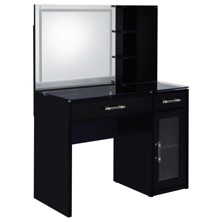 Flora 2-Drawer Vanity Set with LED Mirror in Black High Gloss – Modern Glam Makeup Station