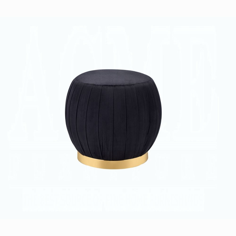 Zinnia Black Velvet & Gold Finish Ottoman