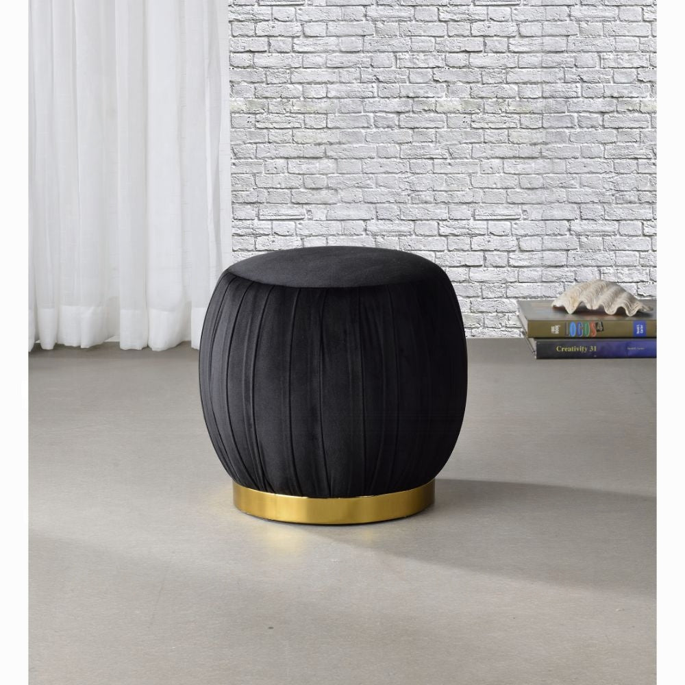 Zinnia Black Velvet & Gold Finish Ottoman