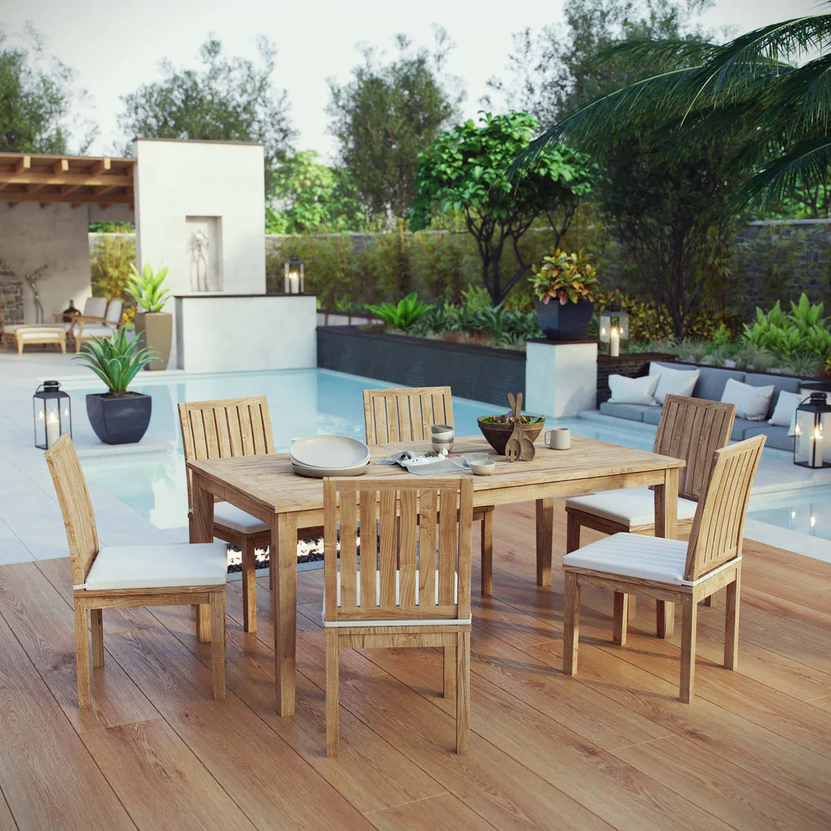 Marina 7-Piece Outdoor Patio Teak Dining Set in Natural White - Elegant and Durable Dining Set for Stylish Outdoor Spaces