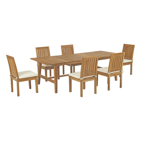 Marina 7-Piece Outdoor Patio Teak Dining Set in Natural White – Elegant and Durable Dining Furniture for Outdoor Entertaining