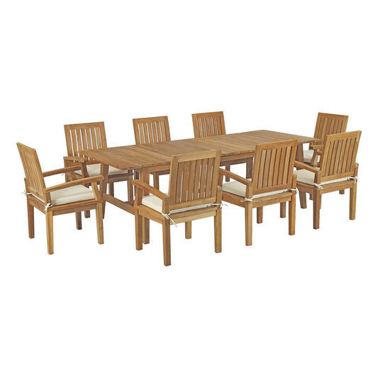 Marina 9-Piece Luxurious Teak Wood Patio Dining Set with All-Weather Cushions – White, Natural White Outdoor Dining Furniture for Elegant Entertaining