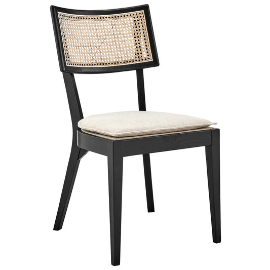Caledonia Wood Dining Chair – Charming Cottage Style with Woven Rattan, Solid Elm, and Upholstered Comfort