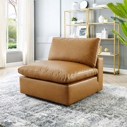 Commix Down Filled Overstuffed Vegan Leather Armless Chair in Tan
