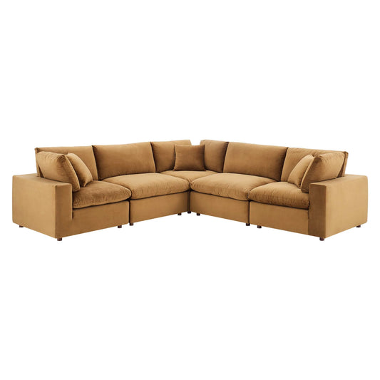 Commix 5-Piece Down-Filled Overstuffed Performance Velvet Sectional Sofa in Cognac - Luxurious and Comfortable Seating for Stylish Living Rooms