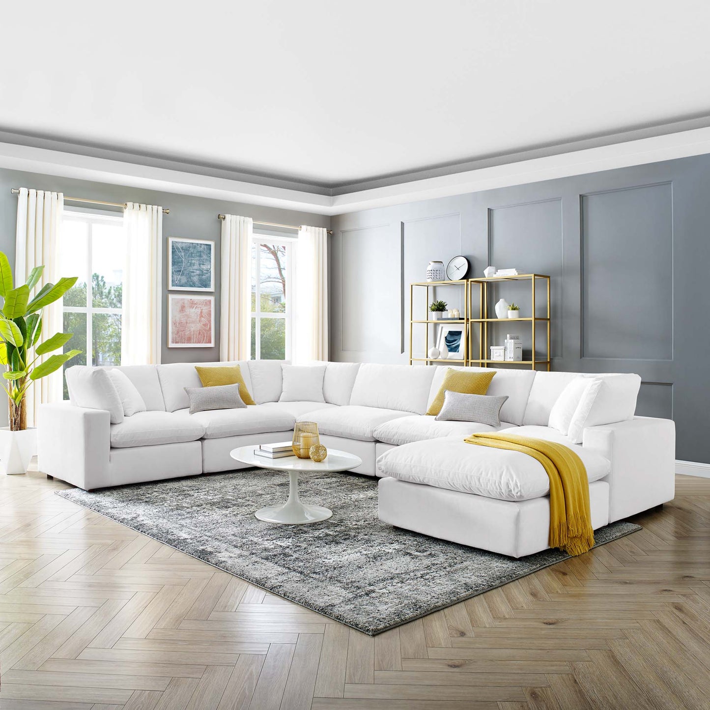 Commix 7-Piece Down-Filled White Velvet Sectional Sofa – Luxuriously Overstuffed Modular Seating for Modern Living Spaces