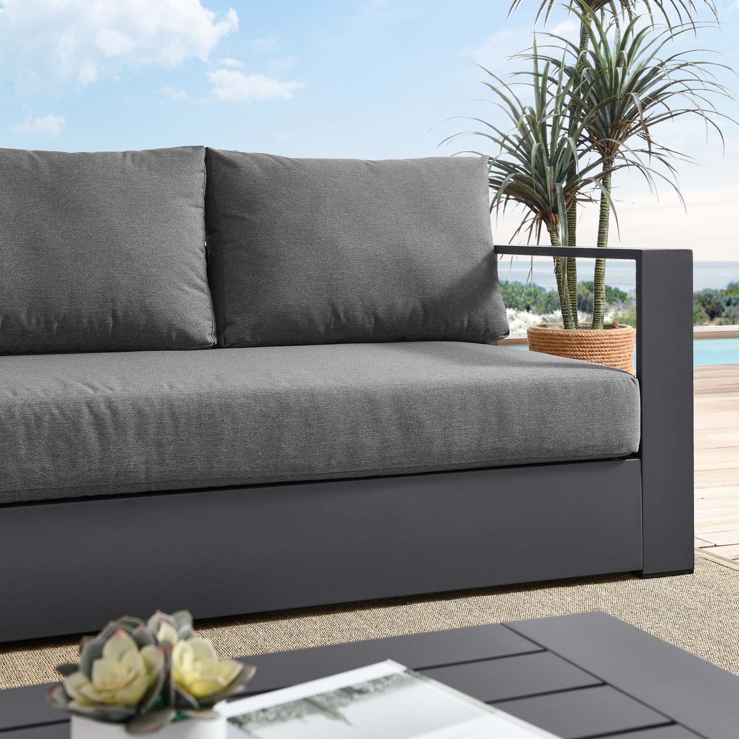Tahoe Outdoor Patio Powder-Coated Aluminum Sofa in Gray Charcoal