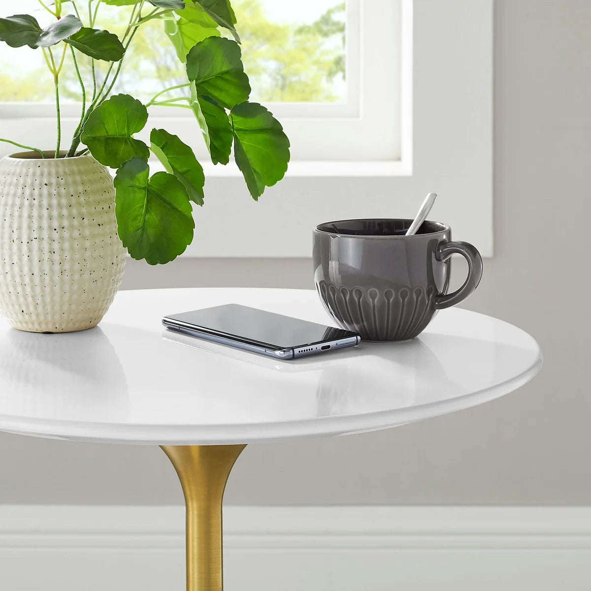 Lippa 20 Inch Round Sintered Stone Side Table Gold White