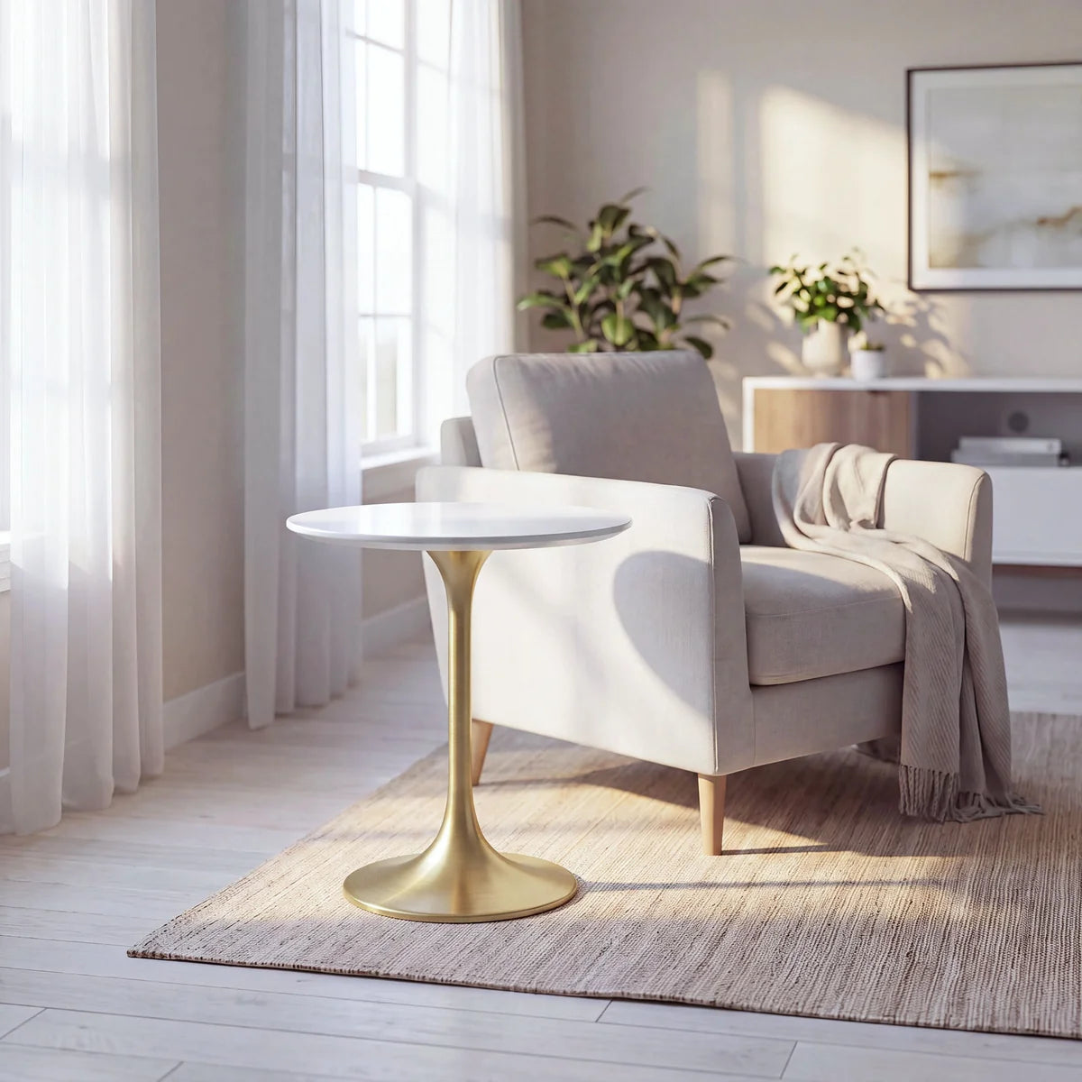 Lippa 20 Inch Round Sintered Stone Side Table Gold White