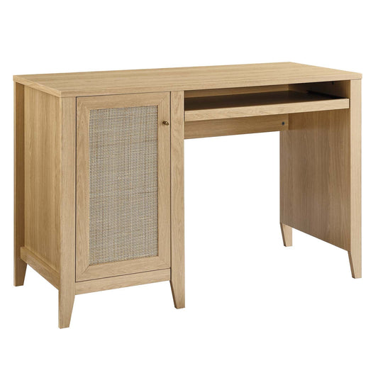Soma 47" Modern Office Desk – Rattan Weave Detailing, Slide-Out Keyboard Tray & Sleek Storage Options