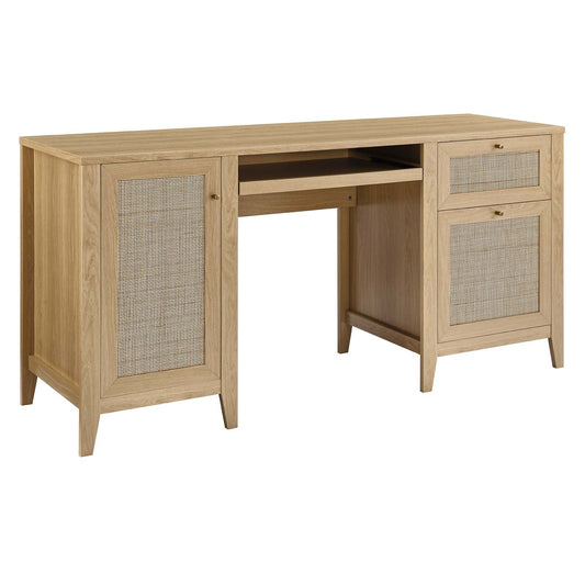 Soma 63" Office Desk – Modern Design with Rattan Weave Accents, Built-In Storage, and Slide-Out Keyboard Tray