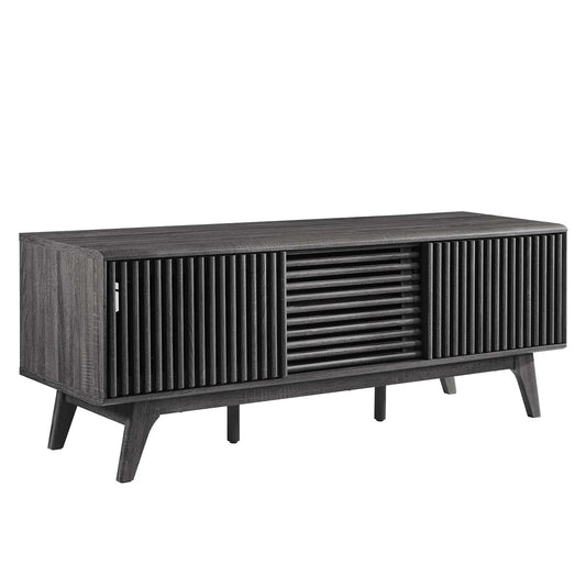 Iterate 59" Contemporary TV Stand – Sliding Doors & Open Shelving for Media Storage and Display in Walnut