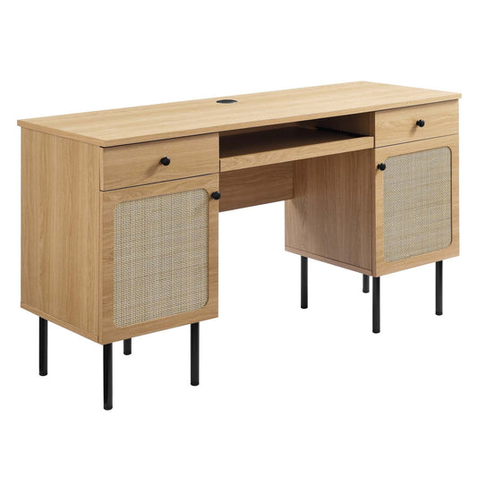 Chaucer Office Desk – Elegant Rattan Detailing with Full-Extension Drawers & Adjustable Shelves for Flexible Storage
