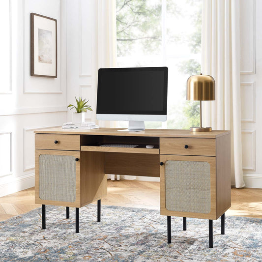 Chaucer Office Desk - Stylish Rattan Design with Full-Extension Drawers and Adjustable Shelves for Versatile Storage