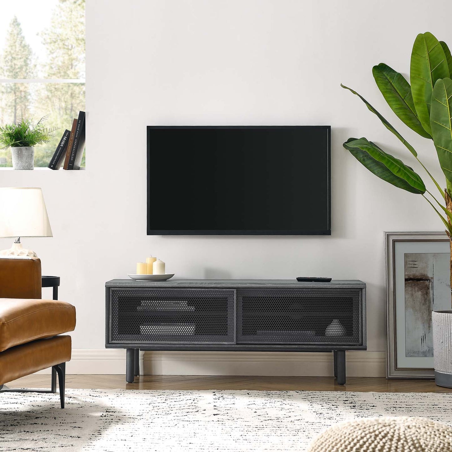 Kurtis 47" TV Stand - Modern Industrial Design Featuring Metal Mesh Doors and Generous Storage Space in Charcoal