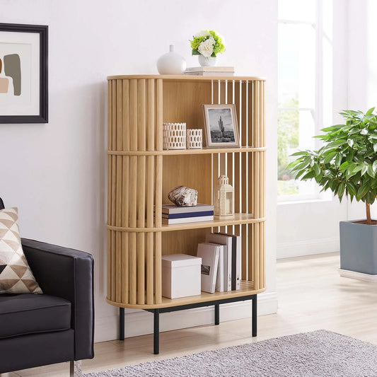 Fortitude Three-Tier Display Cabinet - Elegant Open Storage Bookshelf for Contemporary Living Spaces in Oak