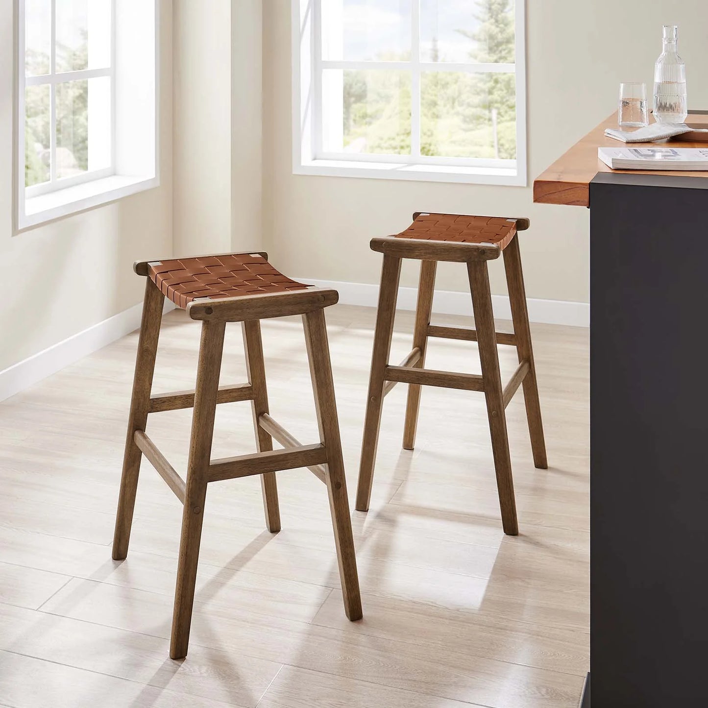 Saoirse Faux Leather Wood Bar Stool - Set of 2