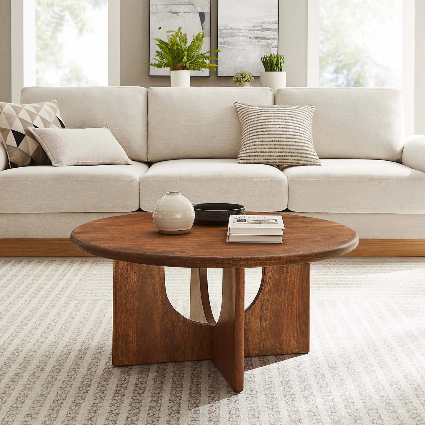 Rivian Round 34" Coffee Table in Oak – Sleek and Modern Accent Piece for Contemporary Living Rooms