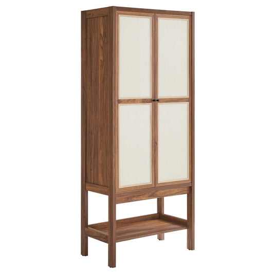 Capri Tall Storage Cabinet – Sleek Wood Grain Finish with Soft-Close Linen Doors for Stylish and Functional Organization.