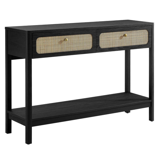 Chaucer Console Table – Chic Black Entryway or TV Stand with Rattan Drawers & Open Display Shelf