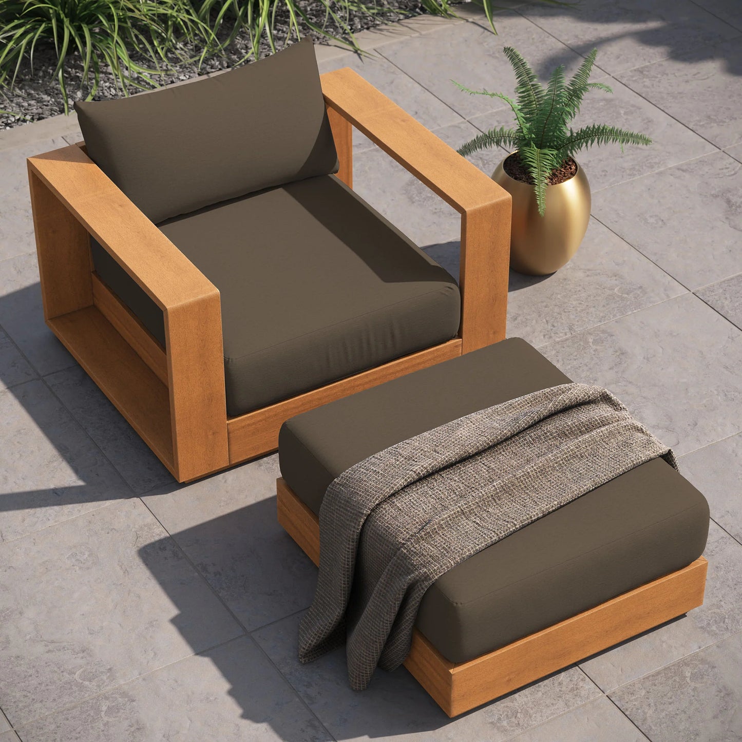 Tahoe 2-Piece Outdoor Patio Set – Acacia Wood Armchair and Ottoman for Relaxed Outdoor Living