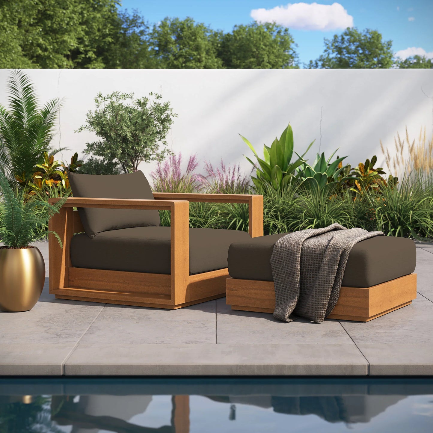 Tahoe 2-Piece Outdoor Patio Set – Acacia Wood Armchair and Ottoman for Relaxed Outdoor Living