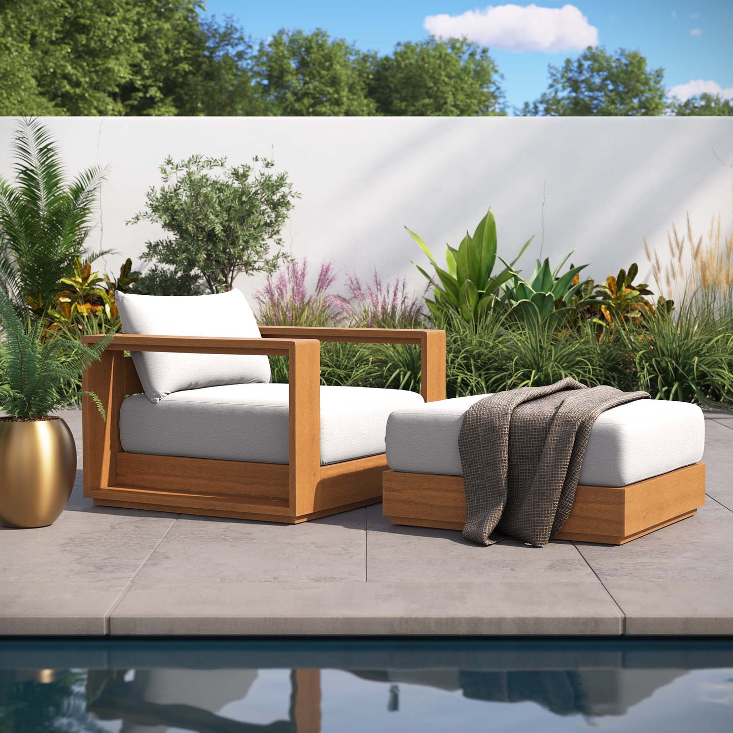 Tahoe 2-Piece Outdoor Patio Set – Acacia Wood Armchair and Ottoman for Relaxed Outdoor Living