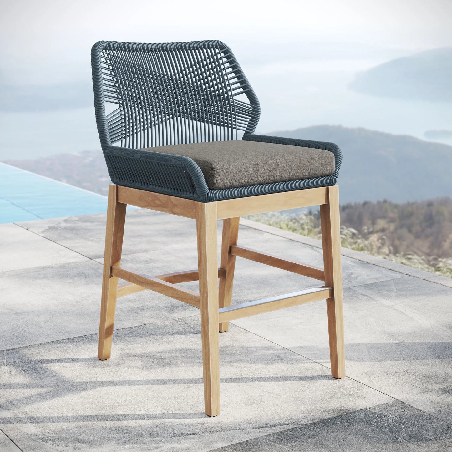 Wellspring Outdoor Patio Teak and Rope Counter Stool