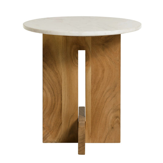 Tarin Acacia Wood and Marble Side Table – Natural Finish Modern Accent Table for Living Rooms