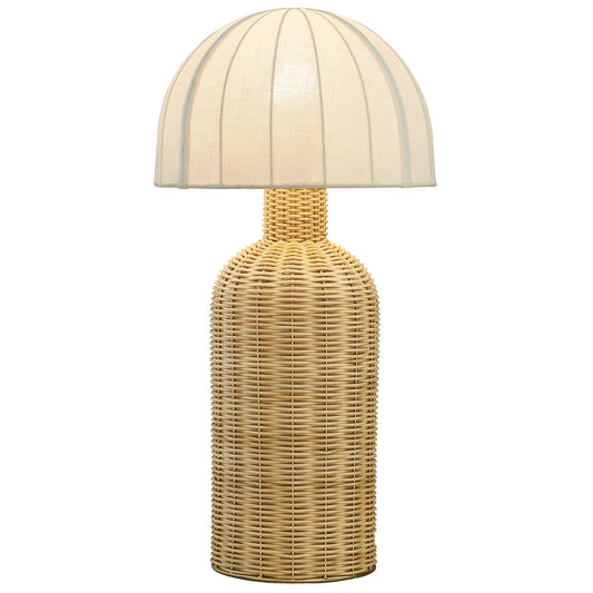 Santo Rattan Table Lamp with Dome Shade – White Natural Rattan for Boho Chic Accent Lighting
