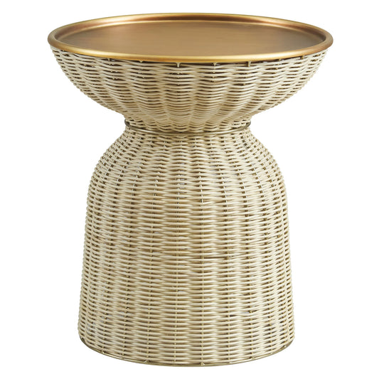 Lazaro Round Rattan Side Table – Burnished Brass & Natural Finish with Vintage Flair