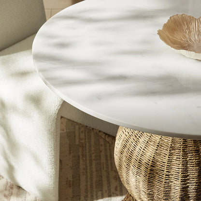 Zale 36" Marble and Seagrass Dining Table – Elegant White Natural Stone and Woven Base for Coastal and Modern Dining Rooms