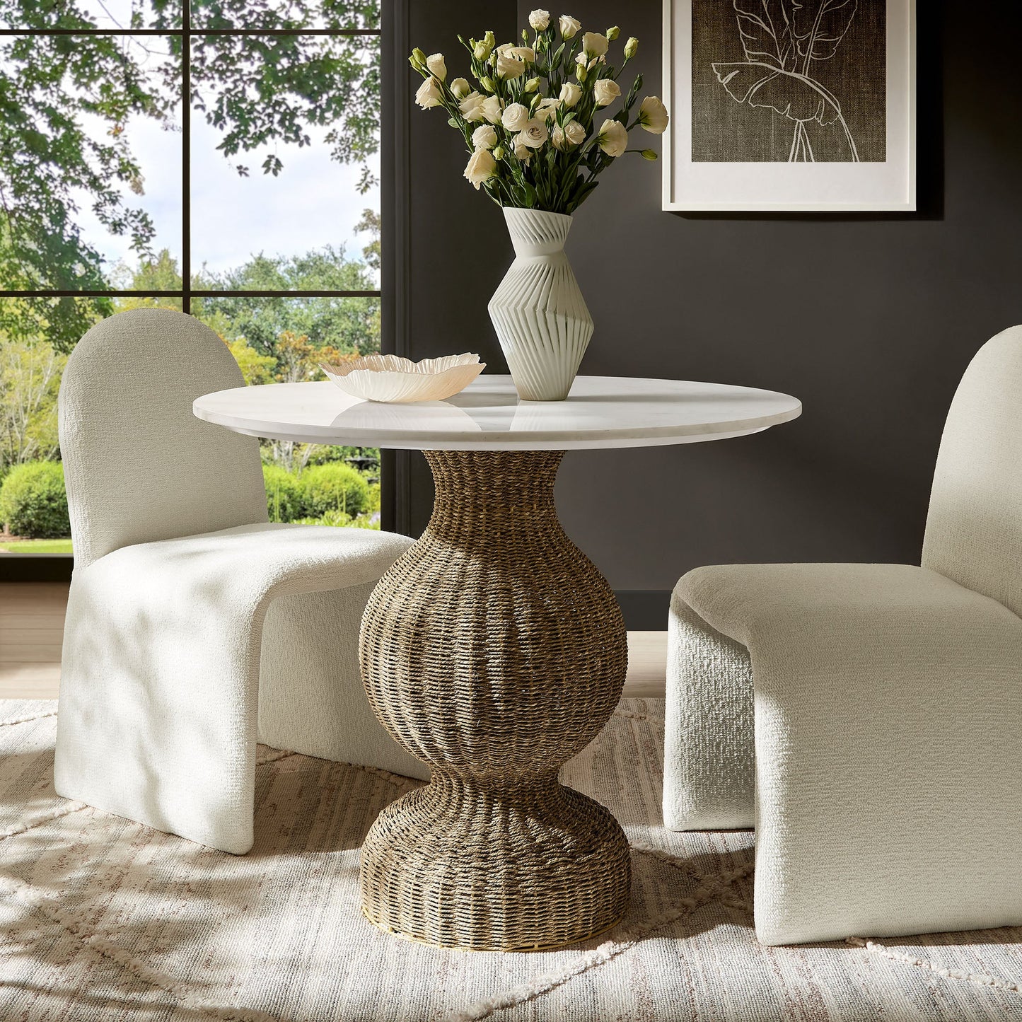Zale 36" Marble and Seagrass Dining Table – Elegant White Natural Stone and Woven Base for Coastal and Modern Dining Rooms